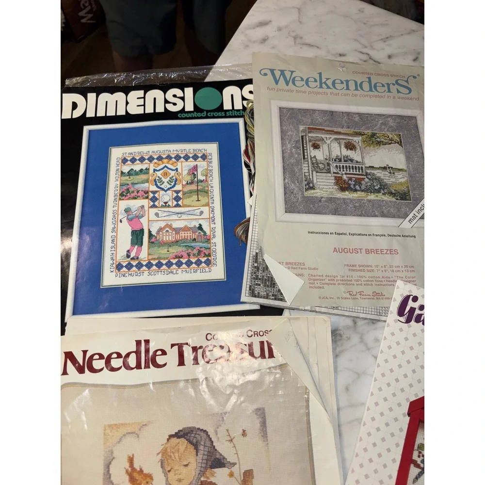 Vintage Cross Stitch Kit Lot Dimensions Needle Treasures Tasha Tudor Hummel Golf